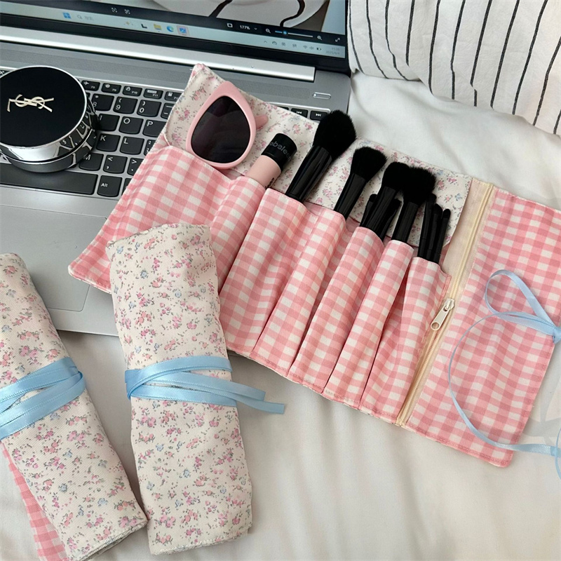 Beauty Makeup Organizer - 꽃무늬 격자무늬 패브릭 메이크업 브러쉬 롤